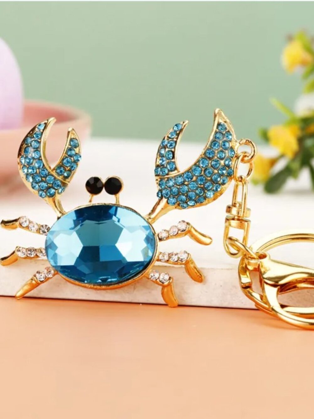 Gold Crab Charm Keychain / Bag Charm - Blue or Pink - Picture 2 of 4